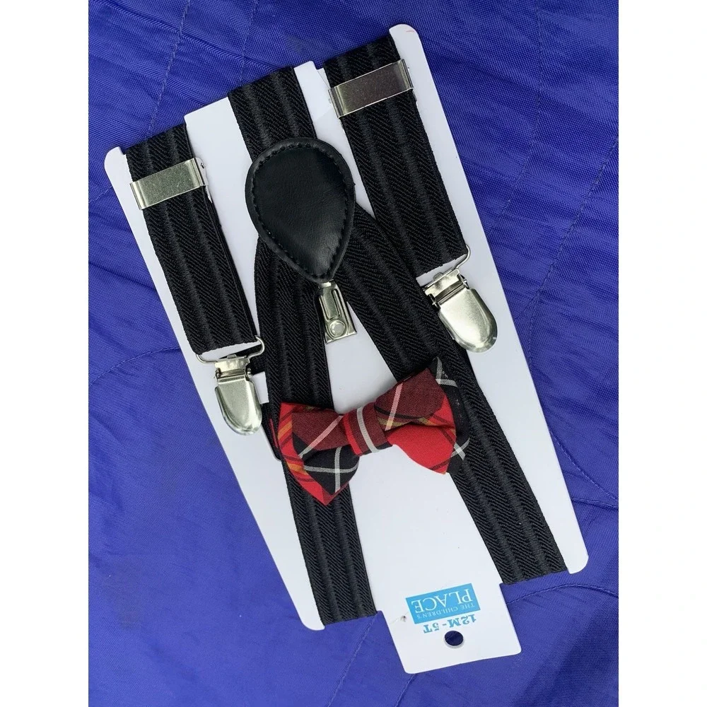 NWT The Children's Place Boys 12M - 5T black and Red. Bow Tie And Suspenders Set